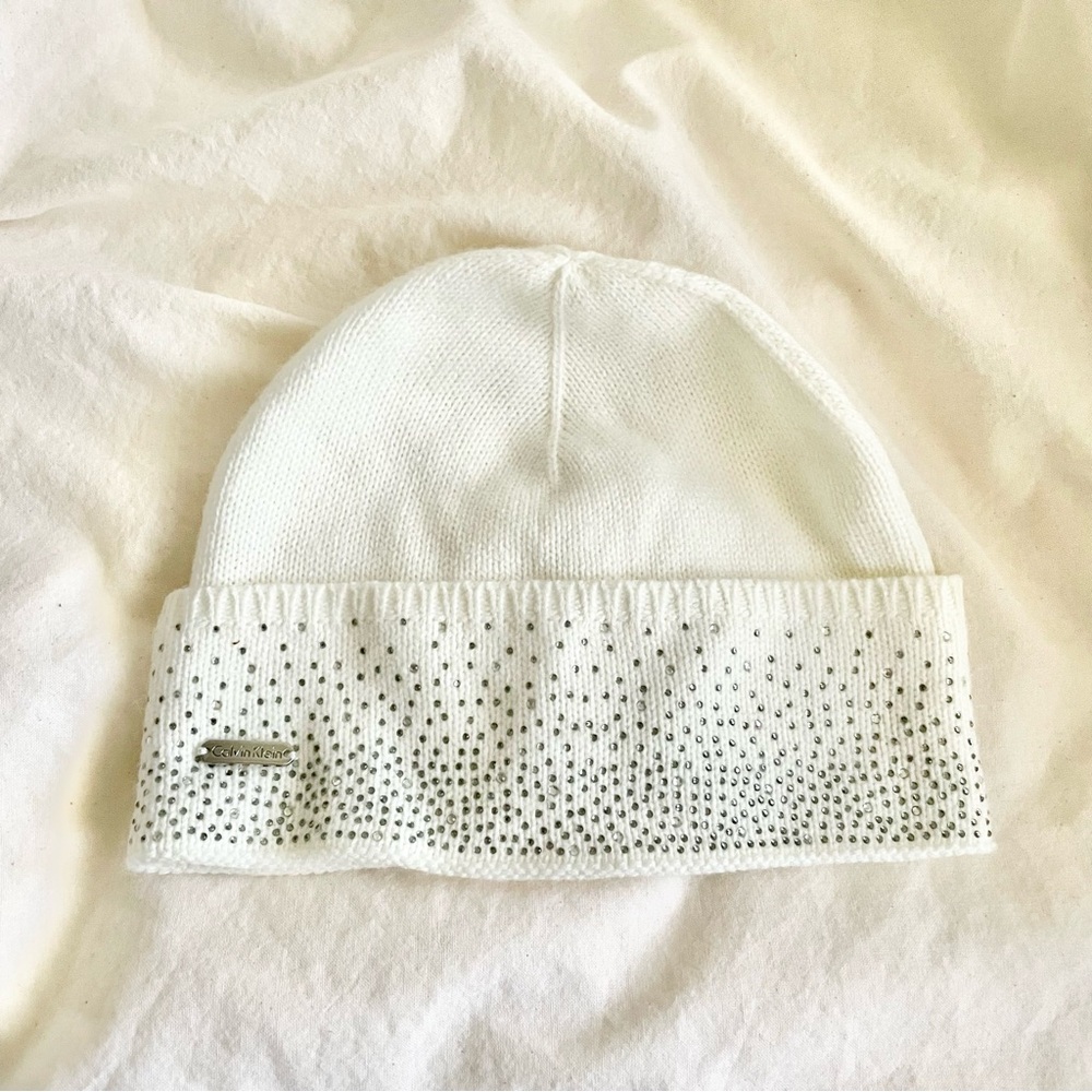 Calvin Klein Women's Knit Beanie Hat Cream Ivory Sparkle Embellished One Size CK